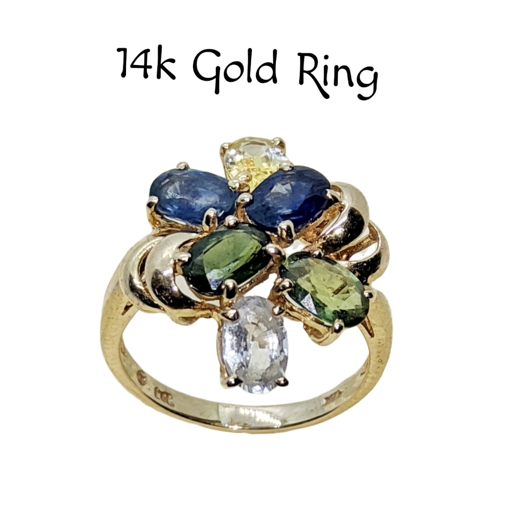 14k Gold ~ Asymmetrical Ring with Peridot, Sapphire, Topaz, Citrine, & Z… - Picture 1 of 7